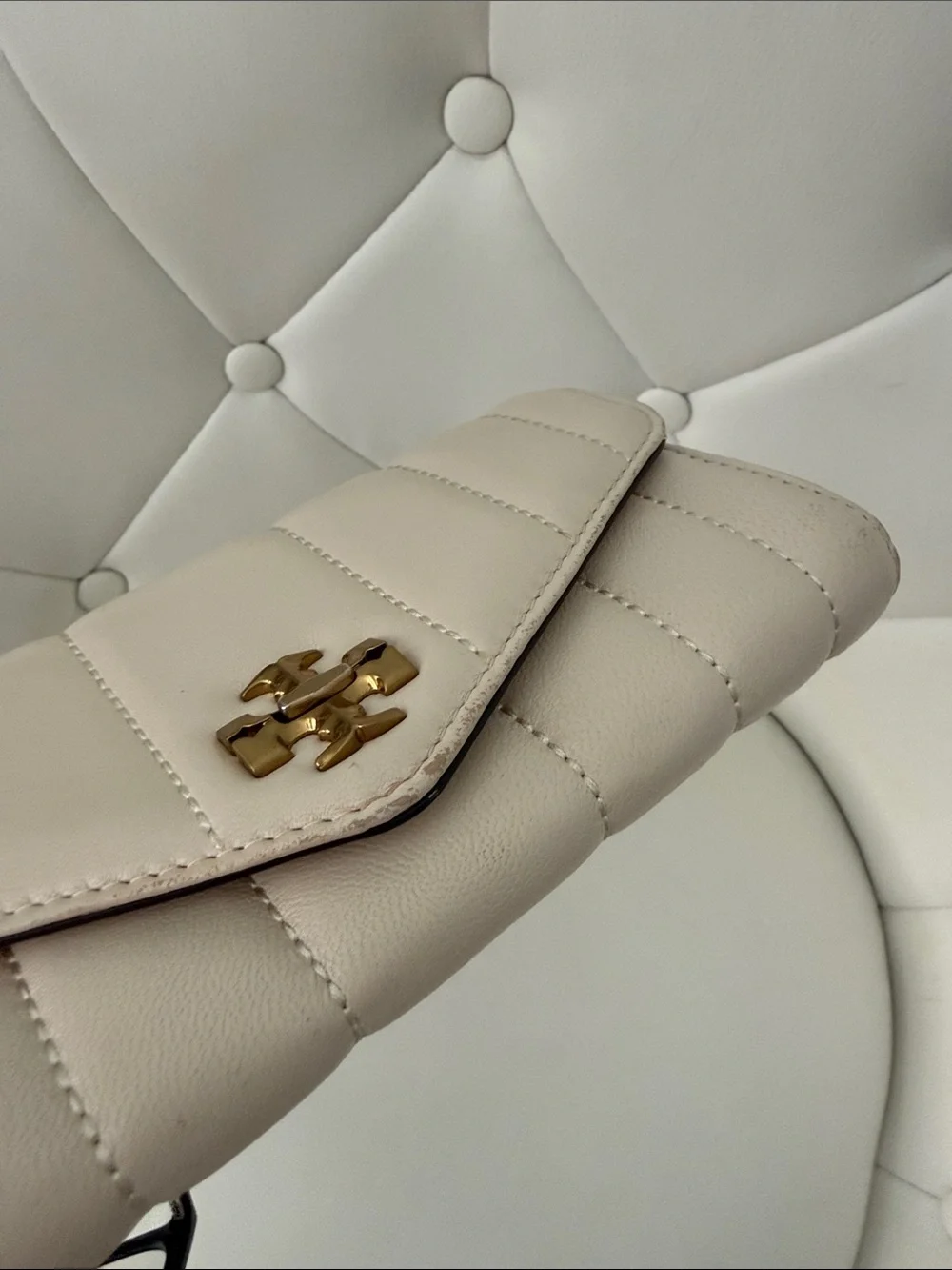 Tory Burch Kira Quilted Envelope Leather  Wallet with turn lock close in Cream